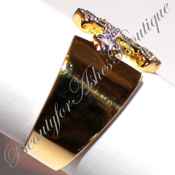Divine Christian Open Band Cz Clear Cubic Zirconia Cross Goldrtone Brass Ring - Picture 4 of 8